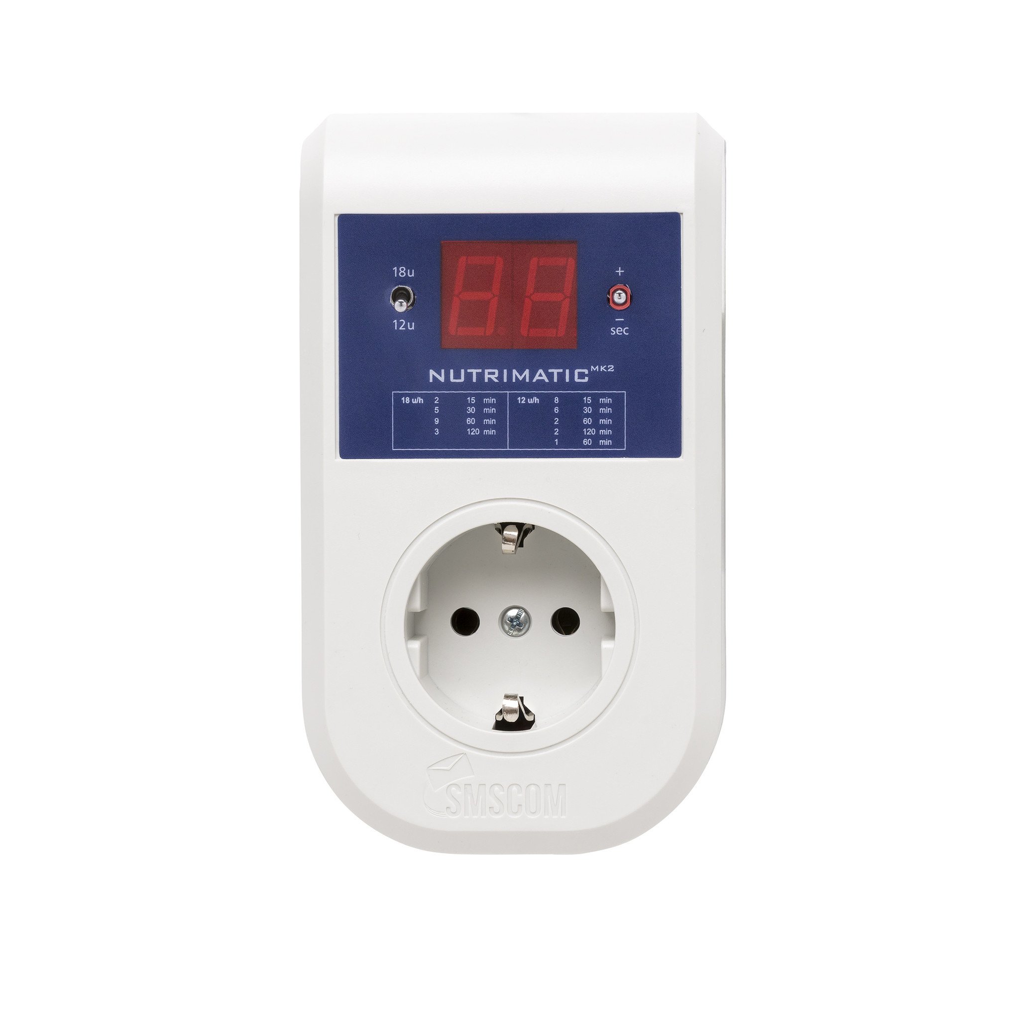 NUTRIMATIC MK2, een digitale tijdschakelaar, geschikt voor gebruik bij het aansteken van kweeklampen. Het apparaat heeft een witte behuizing en een helder digitaal display dat tijd en instellingen toont. De tijdschakelaar kan worden ingesteld voor verschillende tijdsintervallen, variërend van 15 minuten tot 120 minuten. Ideaal voor het optimaliseren van groeicycli in een kweekomgeving, en draagt bij aan energie-efficiëntie. Gemaakt van kunststof, met een standaard EU-stopcontact voor eenvoudige aansluiting.