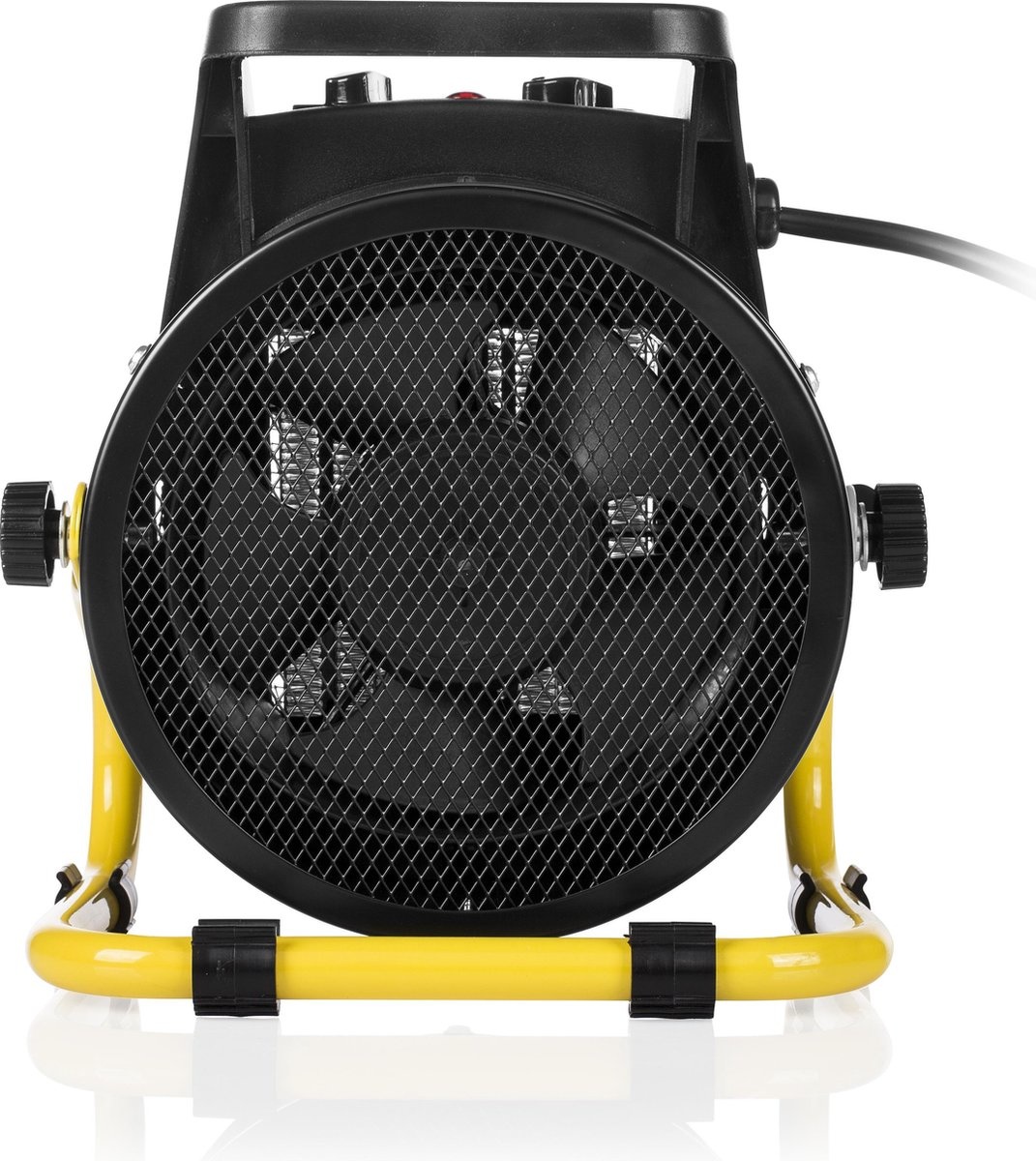 Industriële ventilator met een zwart en geel ontwerp, geschikt voor het ventileren en koelen van ruimtes. Deze ventilator heeft een stevig frame en een voorzijde met een metalen gaas, waardoor de werking van de ventilator zichtbaar is. Het apparaat heeft een verstelbare snelheid, aangedreven door een krachtige motor. Ideaal voor gebruik in werkplaatsen, garages of tijdens evenementen, en heeft daarnaast energiebesparende eigenschappen.