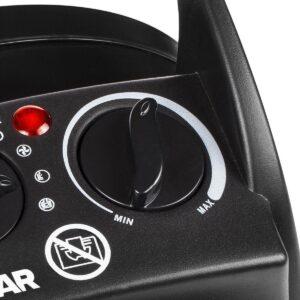 Regelaar van een elektrisch apparaat met een zwarte behuizing. De regulator heeft een draaiknop voor het instellen van de intensiteit, gemarkeerd met 'MIN' en 'MAX'. Daarnaast zijn er indicatielampen en verschillende symbolen voor functionaliteit en veiligheid. Geschikt voor gebruik in diverse toepassingen waarbij elektrische aanpassing vereist is. Duurzaam ontworpen met aandacht voor gebruiksgemak en energie-efficiëntie.