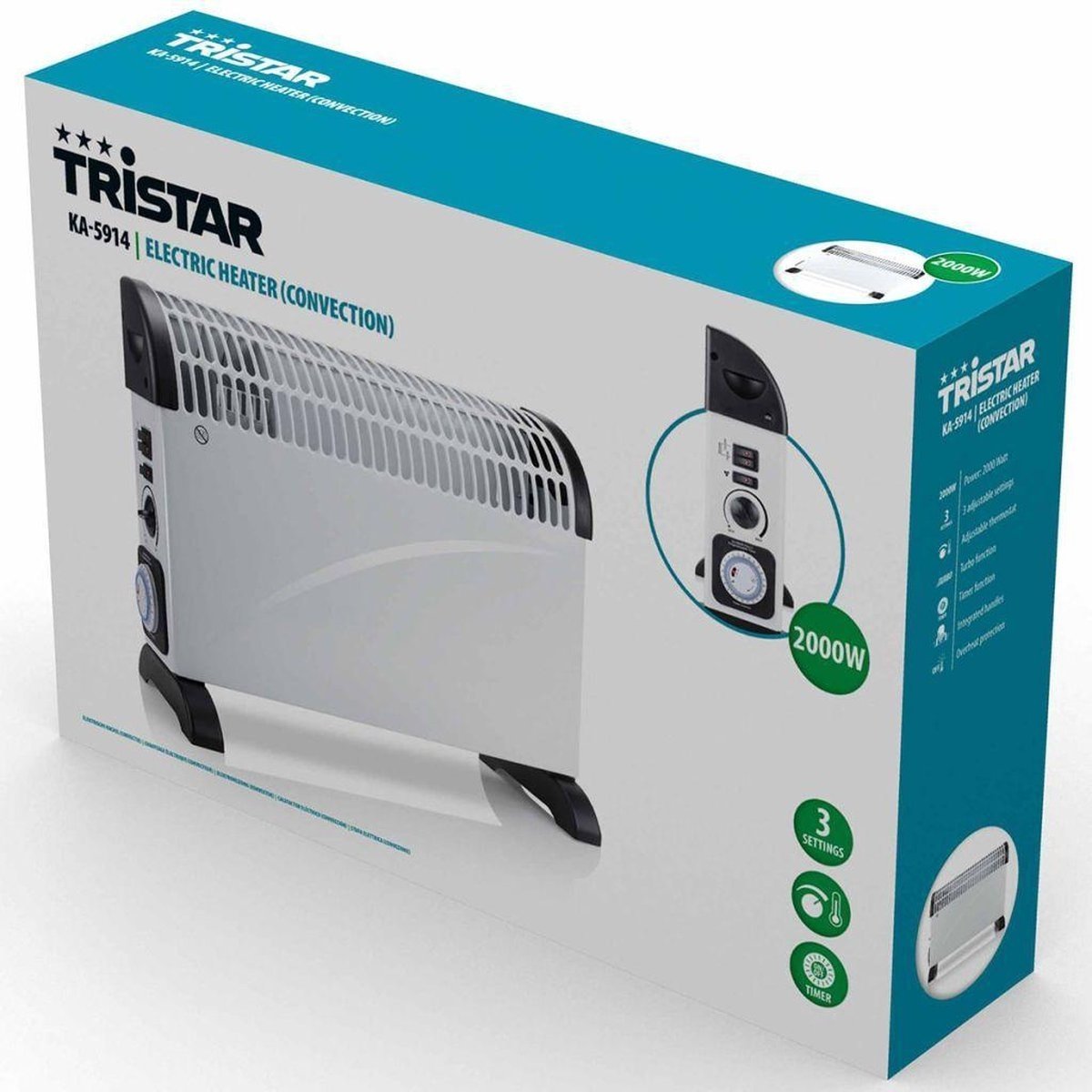 Tristar KA-5914 elektrische convectorkachel met een vermogen van 2000W. Voorzien van drie warmte-instellingen voor flexibiliteit in verwarming. De kachel heeft een geïntegreerd thermostaat en een timerfunctie, wat bijdraagt aan energiebesparing. Het ontwerp is compact en geschikt voor gebruik in diverse ruimtes. Het product is ontworpen met aandacht voor veiligheid en gebruiksgemak, waardoor het geschikt is voor dagelijks gebruik.