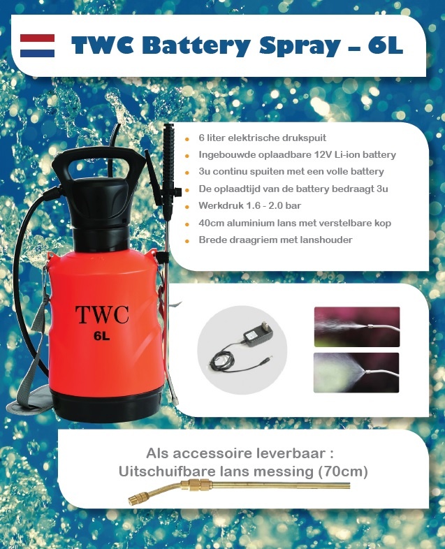 TWC Battery Spray - 6L is een elektrische drukspuit met een capaciteit van 6 liter. De spuit is voorzien van een ingebouwde oplaadbare 12V Li-ion batterij die zorgt voor 3 uur continu gebruik bij een volledige lading. De werkdruk ligt tussen 1.6 en 2.0 bar. Het apparaat is uitgerust met een 40 cm lange aluminium lans met een verstelbare kop, wat de toepassing vergemakkelijkt. De brede draagriem met lanshouder zorgt voor comfortabel gebruik. Optioneel is er een uitschuifbare lans beschikbaar van 70 cm.