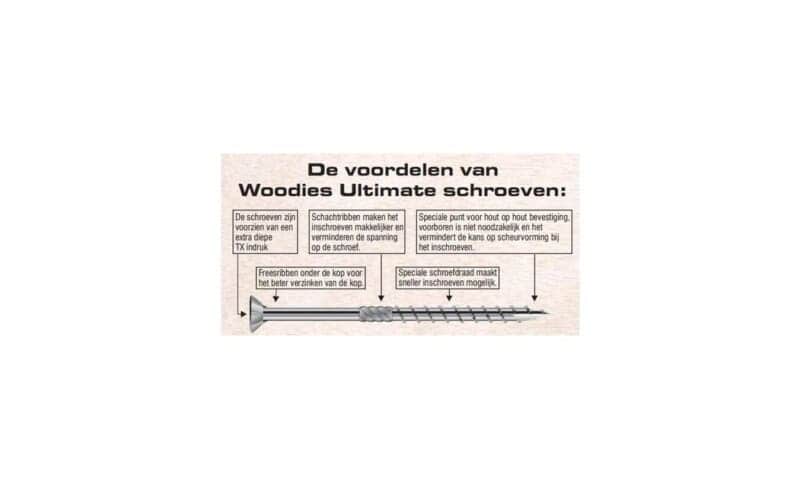 Woodies Ultimate schroef met diep TX-indruk voor optimale grip. De schroef heeft schachtribben die het inschroeven vergemakkelijken en de spanningsbelasting verminderen. De speciale punt is ontworpen voor efficiënte bevestiging op hout, wat scheurvorming minimaliseert. De freespunt onder de kop draagt bij aan een betere verzinking. Het speciale schroefdraad zorgt voor een snellere inbouw. Ideaal voor houtbewerking en constructietoepassingen.