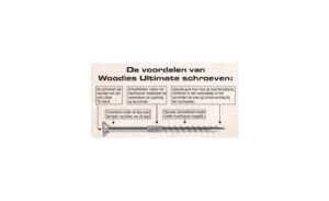 Woodies Ultimate schroeven zijn speciaal ontworpen voor hout-to-hout verbindingen. Deze schroeven zijn voorzien van een extra diepe TX-indruk, waardoor ze gemakkelijker in te schroeven zijn. De schacht met freestribbend ontwerp vermindert de weerstand tijdens het inschroeven en minimaliseert de kans op splijten van het hout. De speciale punt is geoptimaliseerd voor bevestiging op hout, wat scheurvorming reduceert. Het innovatieve schroefdraad maakt een snellere inschroefactie mogelijk.