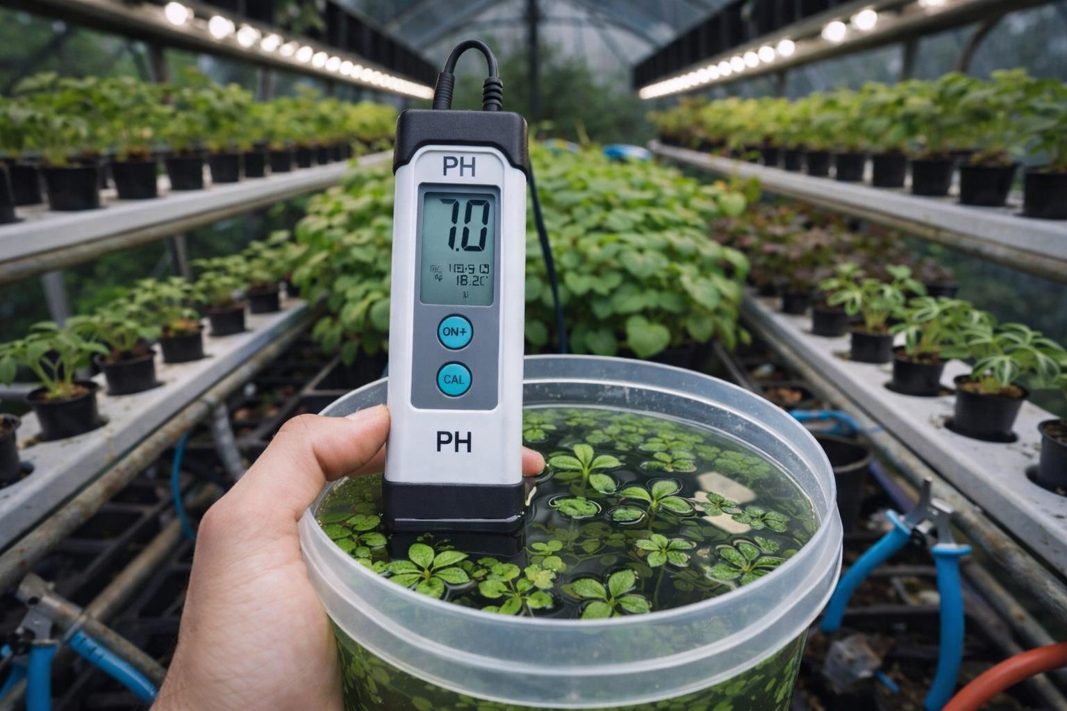 Eine Hand hält ein digitales pH-Messgerät, das 7,0 anzeigt, in einem runden Behälter mit Wasser und grünen Pflanzen in einem Gewächshaus mit Reihen von Topfpflanzen auf Regalen.