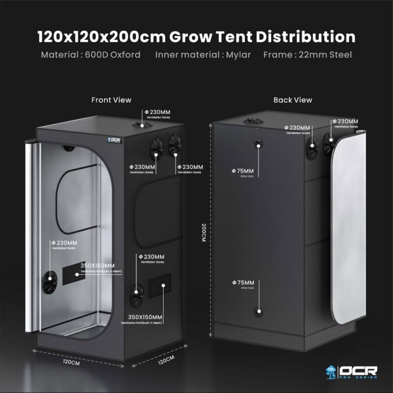 Robuuste 120x120x200 cm grow tent met stalen frame en ventilatieopeningen.
