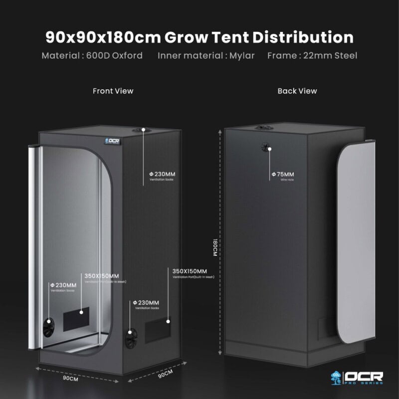 OCR Pro 90 groeitent met afmetingen 90x90x180 cm, stevig stalen frame.
