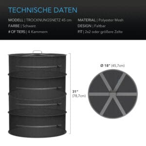 Groene Trading XXL droognet voor tuin, balkon of terras, zwart polyester mesh, 45 cm diameter, 4 vak.